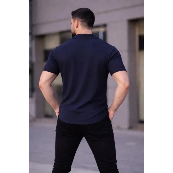 Erkek Waffle Kumaş Kısa Kollu Düğmeli Açık Yaka Regular Fit Gömlek - Lacivert