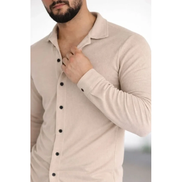 Erkek Waffle Kumaş Uzun Kollu Düğmeli Açık Yaka Regular Fit Gömlek - Bej