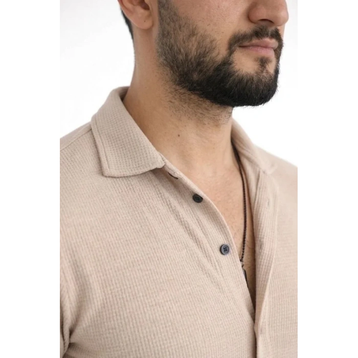 Erkek Waffle Kumaş Uzun Kollu Düğmeli Açık Yaka Regular Fit Gömlek - Bej