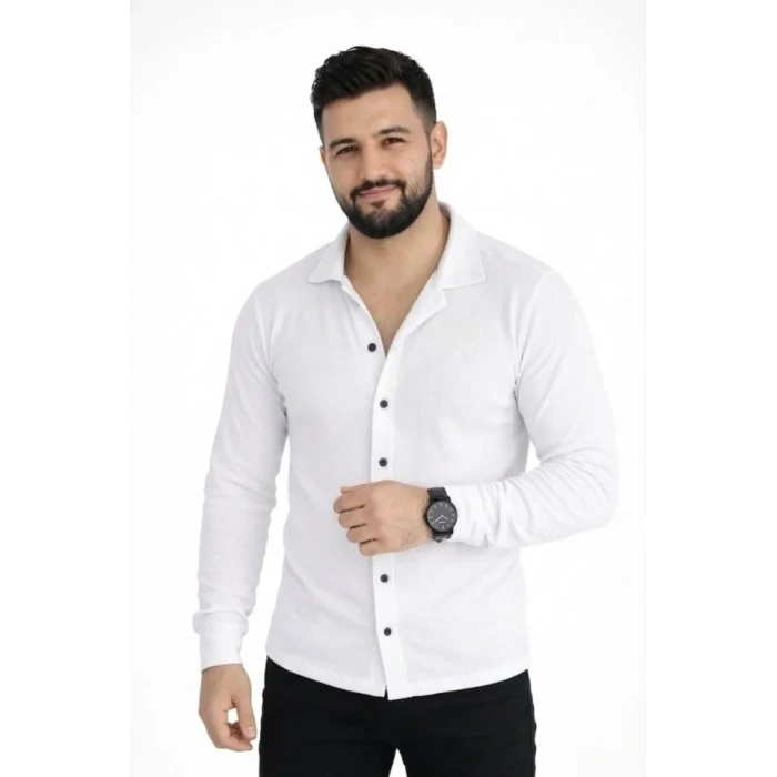 Erkek Waffle Kumaş Uzun Kollu Düğmeli Açık Yaka Regular Fit Gömlek - Beyaz