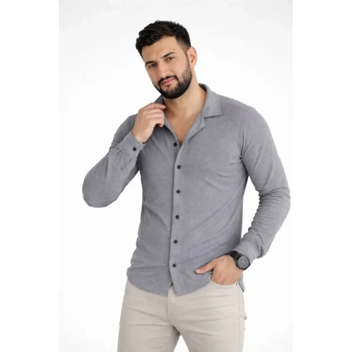 Erkek Waffle Kumaş Uzun Kollu Düğmeli Açık Yaka Regular Fit Gömlek - Füme