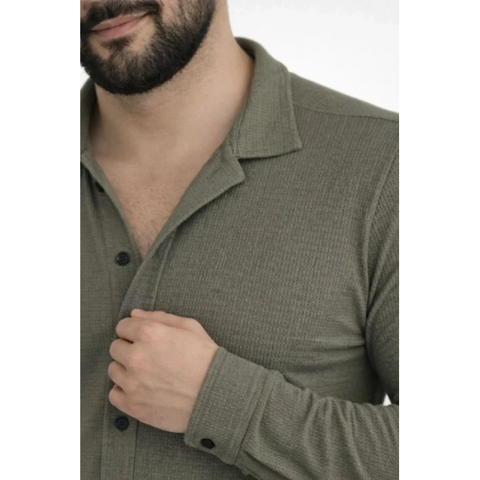 Erkek Waffle Kumaş Uzun Kollu Düğmeli Açık Yaka Regular Fit Gömlek - Haki