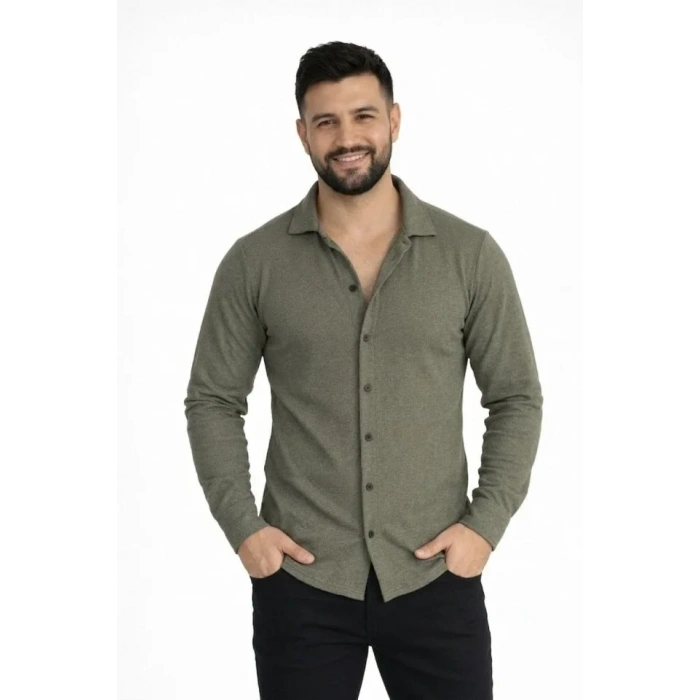 Erkek Waffle Kumaş Uzun Kollu Düğmeli Açık Yaka Regular Fit Gömlek - Haki