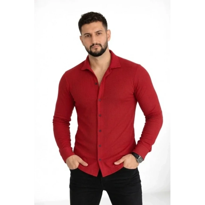 Erkek Waffle Kumaş Uzun Kollu Düğmeli Açık Yaka Regular Fit Gömlek - Kırmızı