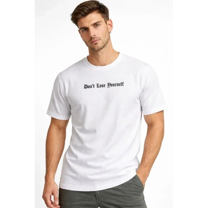 Erkek Wafıl Kumaş Tişört Regular Kalıp Bisiklet Yaka Baskılı Günlük Basic T-Shirt - Beyaz
