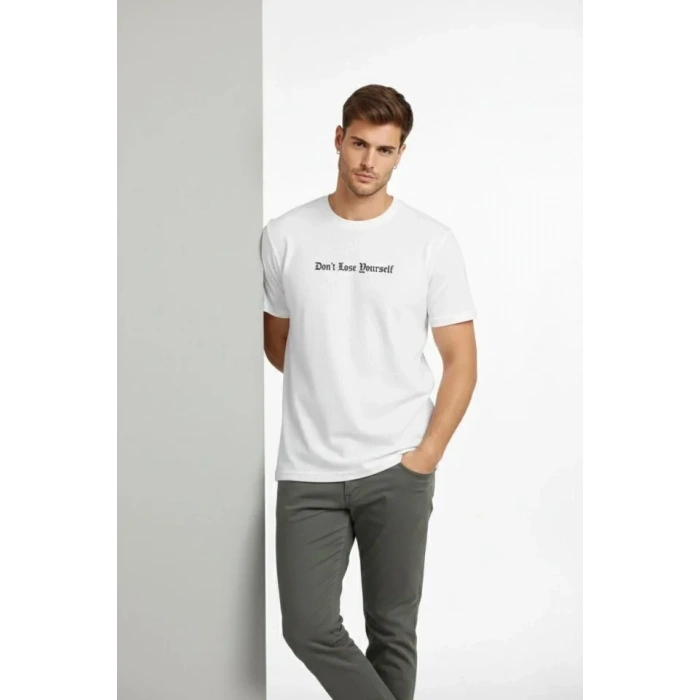 Erkek Wafıl Kumaş Tişört Regular Kalıp Bisiklet Yaka Baskılı Günlük Basic T-Shirt - Beyaz