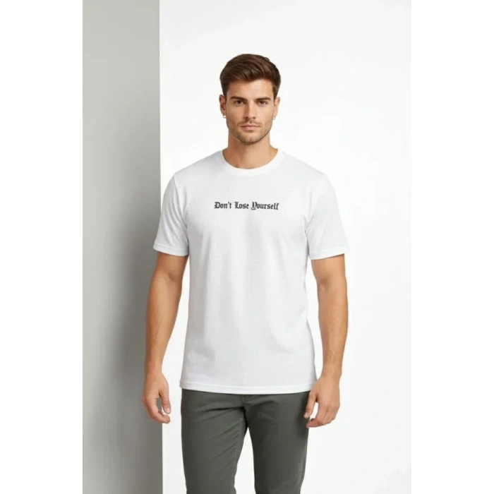 Erkek Wafıl Kumaş Tişört Regular Kalıp Bisiklet Yaka Baskılı Günlük Basic T-Shirt - Beyaz