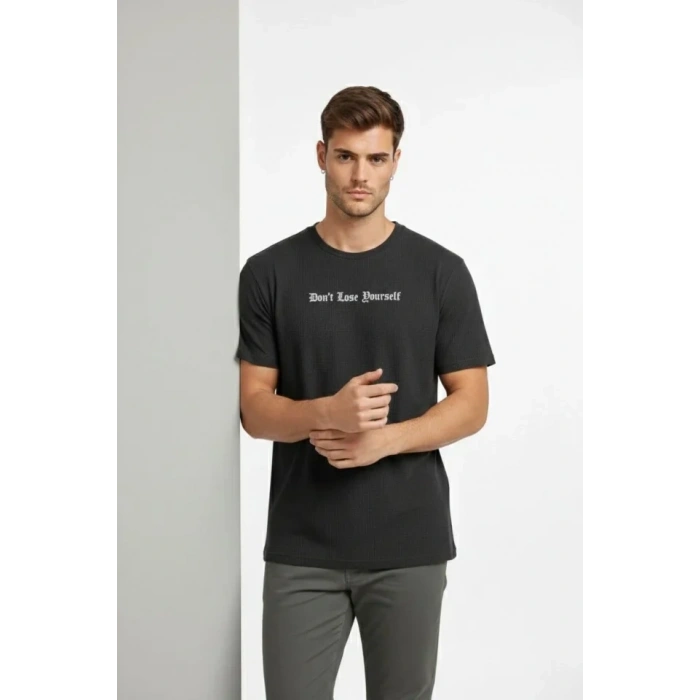 Erkek Wafıl Kumaş Tişört Regular Kalıp Bisiklet Yaka Baskılı Günlük Basic T-Shirt - Siyah