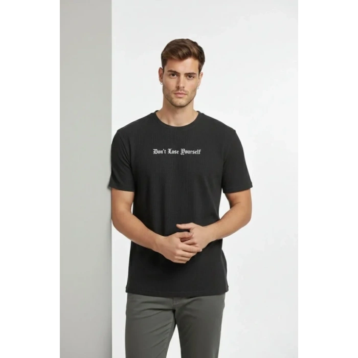 Erkek Wafıl Kumaş Tişört Regular Kalıp Bisiklet Yaka Baskılı Günlük Basic T-Shirt - Siyah