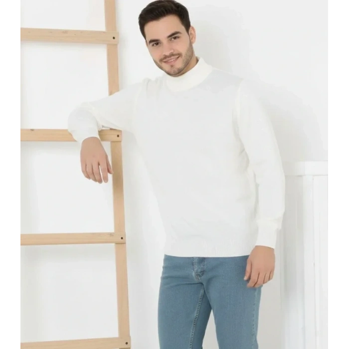 Erkek Yarım Boğaz Triko Kazak Yumuşak Dokulu Pamuklu Ince Dokuma, Uzun Kollu Rahat Regular Kalıp - Beyaz