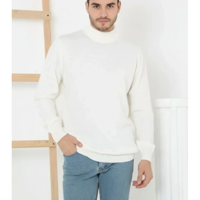 Erkek Yarım Boğaz Triko Kazak Yumuşak Dokulu Pamuklu Ince Dokuma, Uzun Kollu Rahat Regular Kalıp - Beyaz