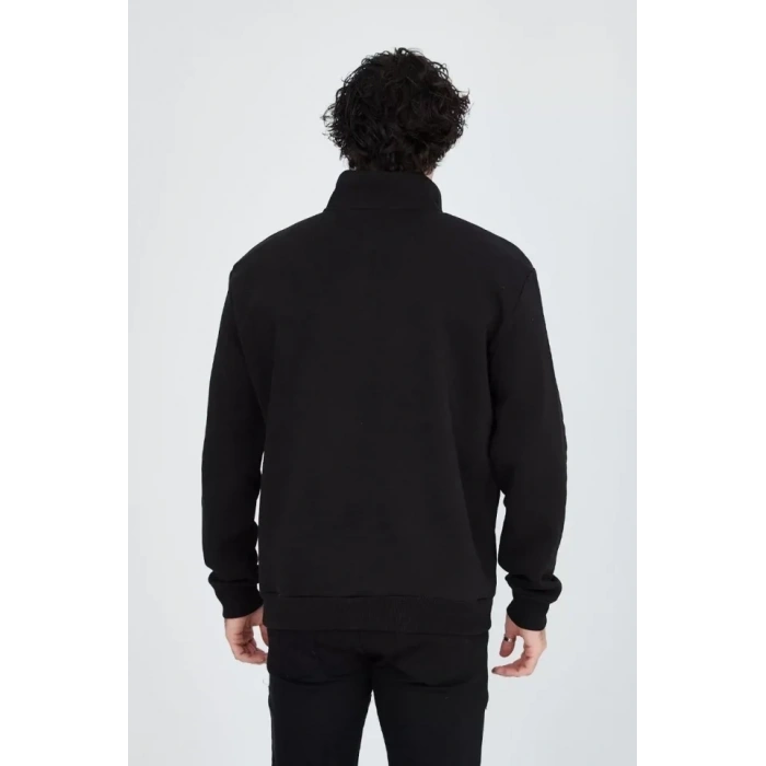 Erkek Yarım Fermuarlı Baskılı Sweat - Siyah