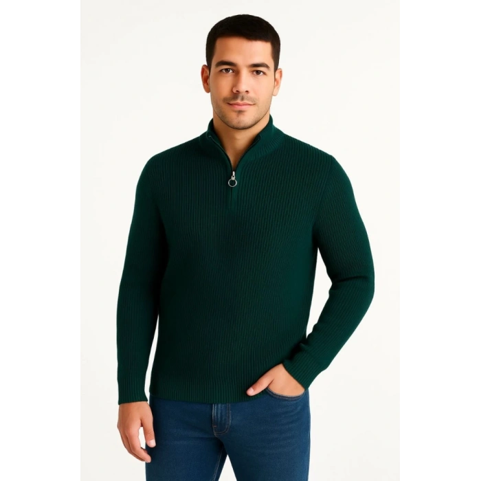 Erkek Yarım Fermuarlı Triko Kazak – Selanik Örgü, Dik Yaka, Pamuklu Dokuma, Regular Fit Uzun Kollu Kışlık Model - Haki