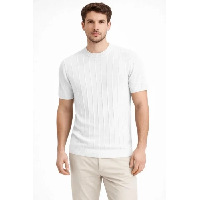 Erkek Yazlık Fitilli Triko Tişört Kısa Kol Bisiklet Yaka T-Shirt - Beyaz