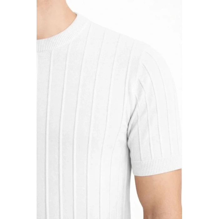 Erkek Yazlık Fitilli Triko Tişört Kısa Kol Bisiklet Yaka T-Shirt - Beyaz