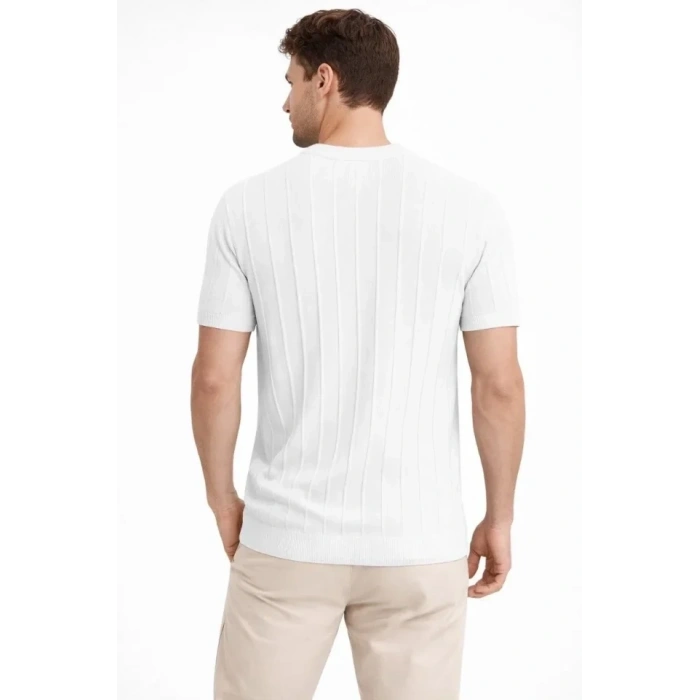 Erkek Yazlık Fitilli Triko Tişört Kısa Kol Bisiklet Yaka T-Shirt - Beyaz