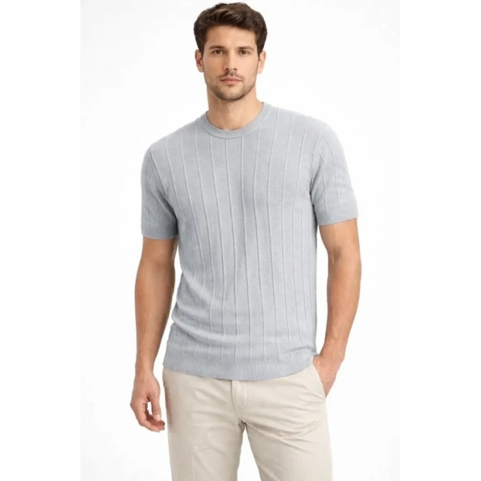 Erkek Yazlık Fitilli Triko Tişört Kısa Kol Bisiklet Yaka T-Shirt - Gri