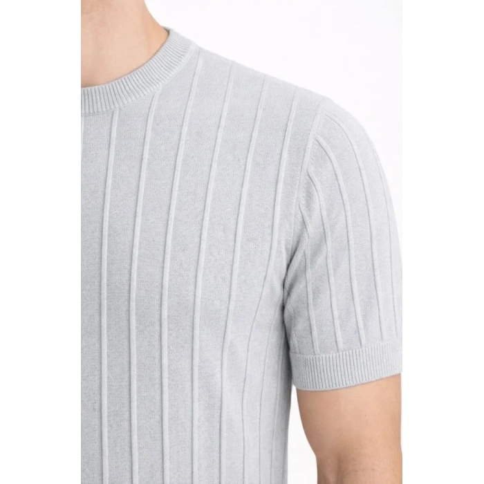 Erkek Yazlık Fitilli Triko Tişört Kısa Kol Bisiklet Yaka T-Shirt - Gri