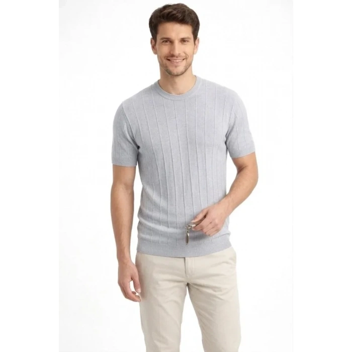 Erkek Yazlık Fitilli Triko Tişört Kısa Kol Bisiklet Yaka T-Shirt - Gri