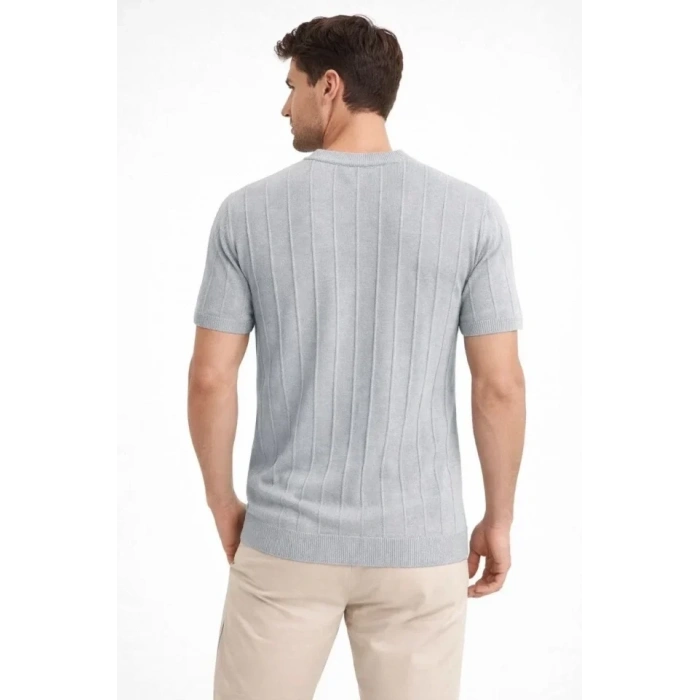 Erkek Yazlık Fitilli Triko Tişört Kısa Kol Bisiklet Yaka T-Shirt - Gri