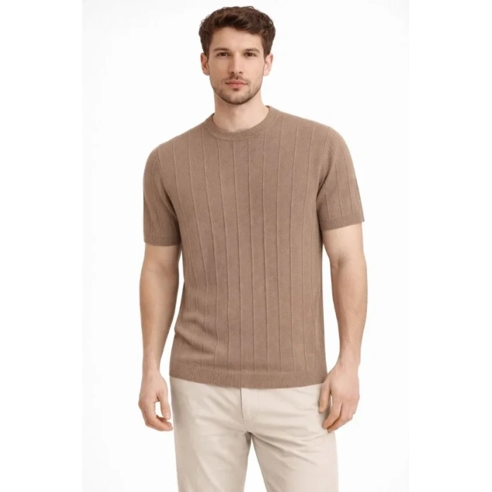 Erkek Yazlık Fitilli Triko Tişört Kısa Kol Bisiklet Yaka T-Shirt - Kahverengi
