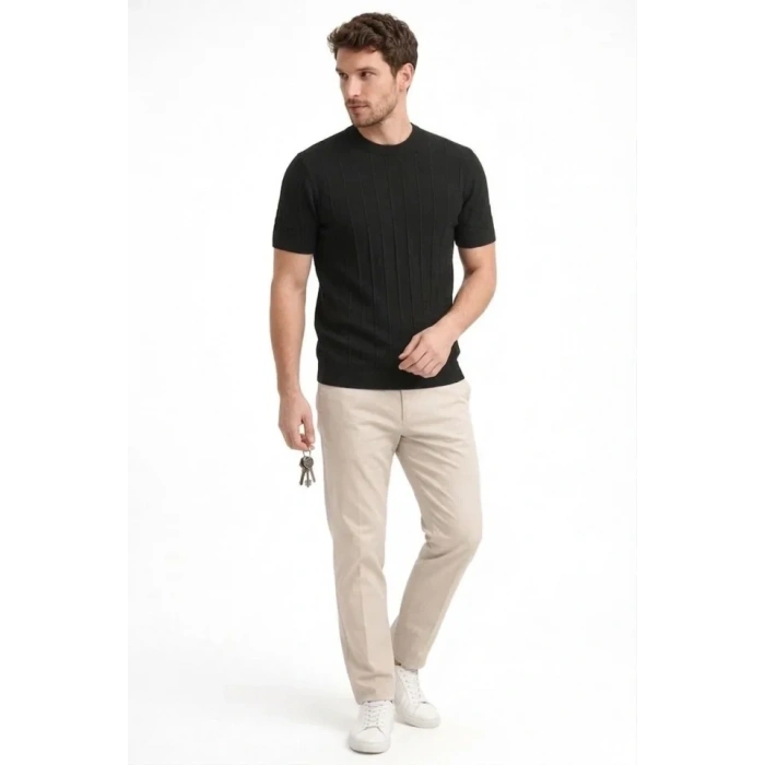 Erkek Yazlık Fitilli Triko Tişört Kısa Kol Bisiklet Yaka T-Shirt - Siyah