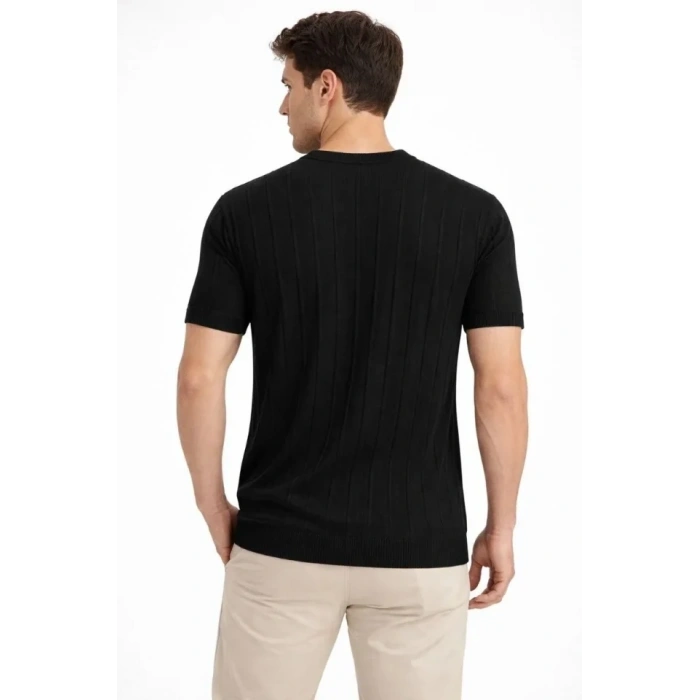 Erkek Yazlık Fitilli Triko Tişört Kısa Kol Bisiklet Yaka T-Shirt - Siyah