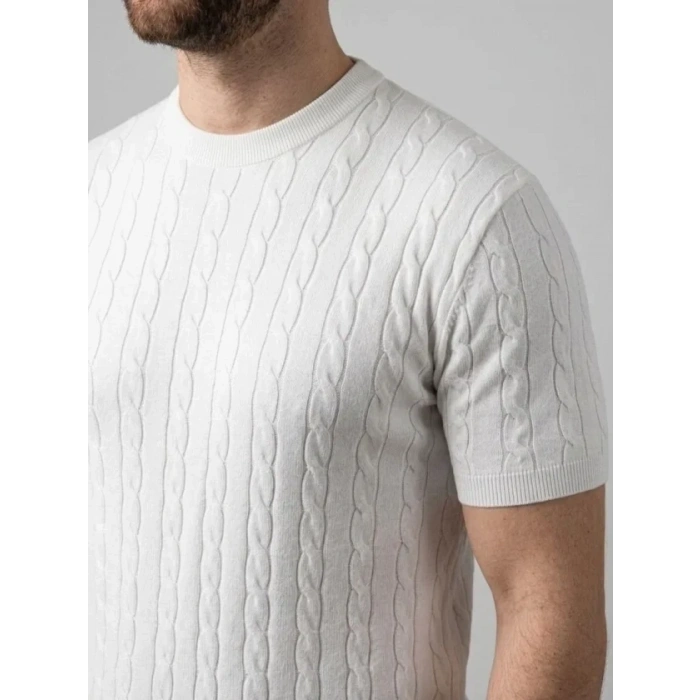 Erkek Yazlık Triko Dokuma Tişört Kısa Kol Bisiklet Yaka Örgü Desenli T-Shirt - Beyaz