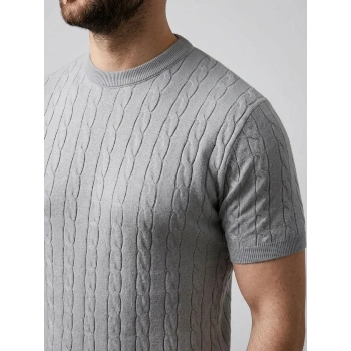 Erkek Yazlık Triko Dokuma Tişört Kısa Kol Bisiklet Yaka Örgü Desenli T-Shirt - Gri
