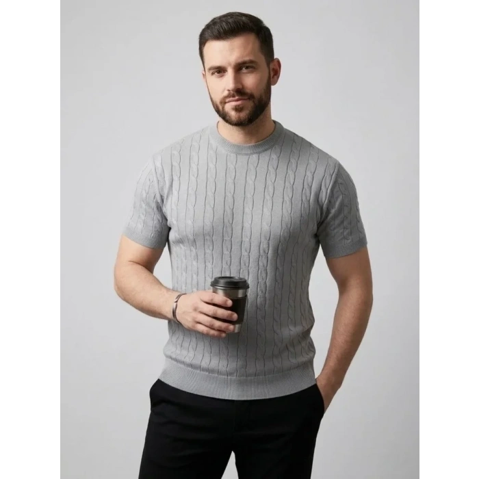 Erkek Yazlık Triko Dokuma Tişört Kısa Kol Bisiklet Yaka Örgü Desenli T-Shirt - Gri