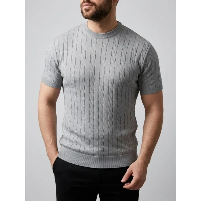 Erkek Yazlık Triko Dokuma Tişört Kısa Kol Bisiklet Yaka Örgü Desenli T-Shirt - Gri