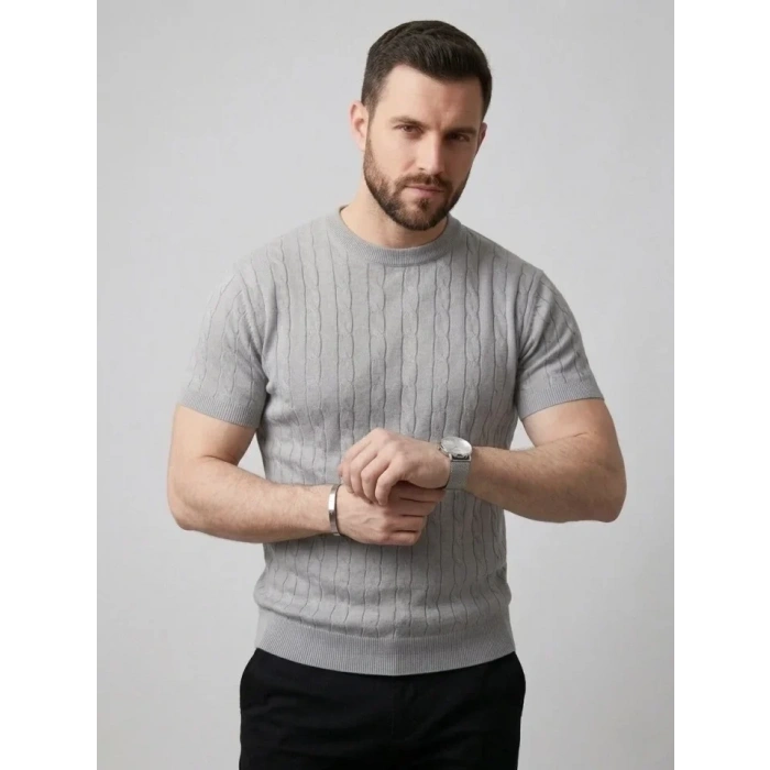 Erkek Yazlık Triko Dokuma Tişört Kısa Kol Bisiklet Yaka Örgü Desenli T-Shirt - Gri