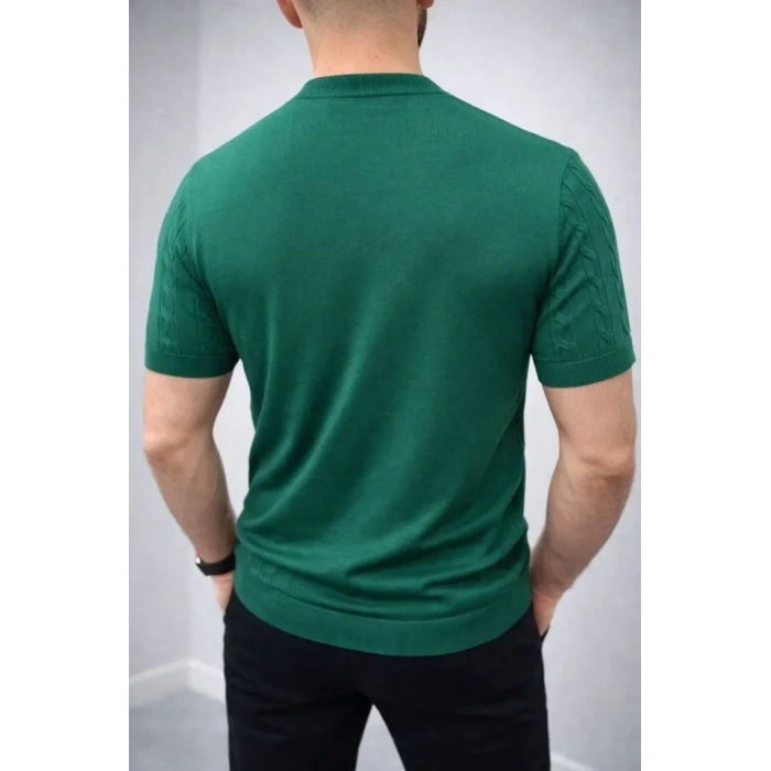 Erkek Yazlık Triko Dokuma Tişört Kısa Kol Bisiklet Yaka Örgü Desenli T-Shirt - Haki