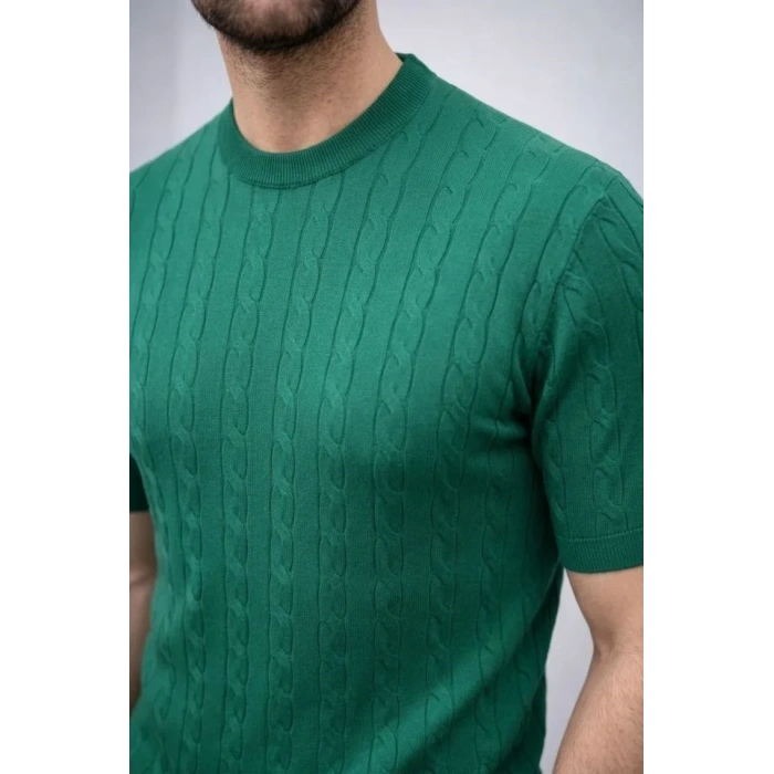 Erkek Yazlık Triko Dokuma Tişört Kısa Kol Bisiklet Yaka Örgü Desenli T-Shirt - Haki