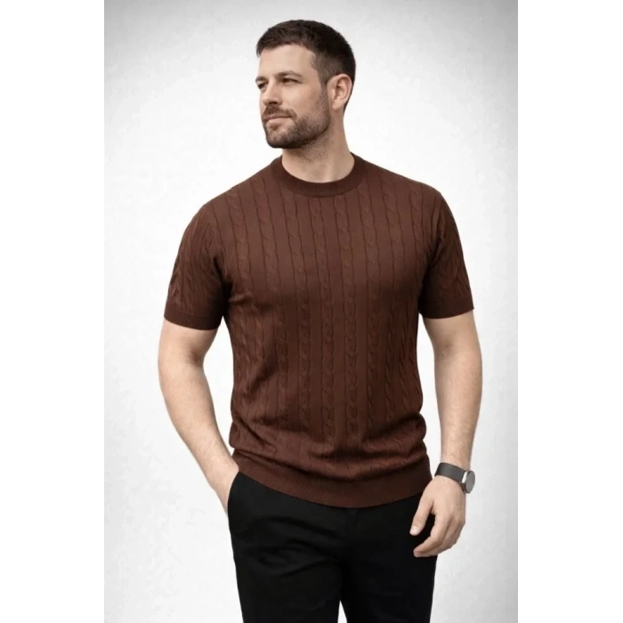 Erkek Yazlık Triko Dokuma Tişört Kısa Kol Bisiklet Yaka Örgü Desenli T-Shirt - Kahverengi