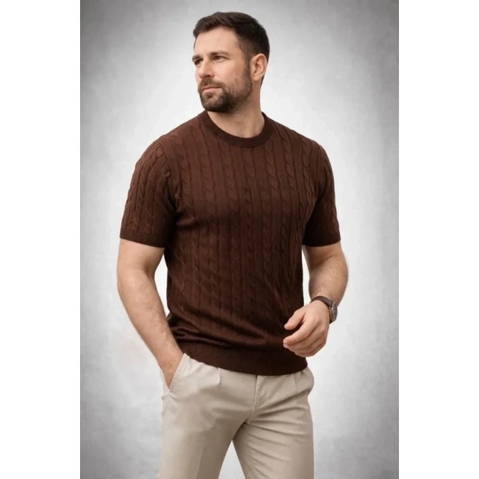 Erkek Yazlık Triko Dokuma Tişört Kısa Kol Bisiklet Yaka Örgü Desenli T-Shirt - Kahverengi