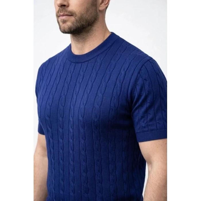 Erkek Yazlık Triko Dokuma Tişört Kısa Kol Bisiklet Yaka Örgü Desenli T-Shirt - Lacivert