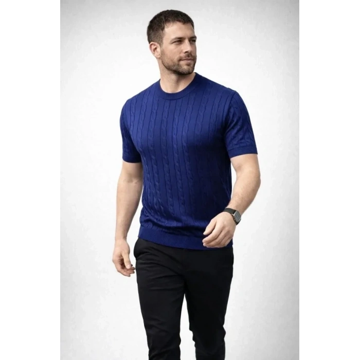 Erkek Yazlık Triko Dokuma Tişört Kısa Kol Bisiklet Yaka Örgü Desenli T-Shirt - Lacivert