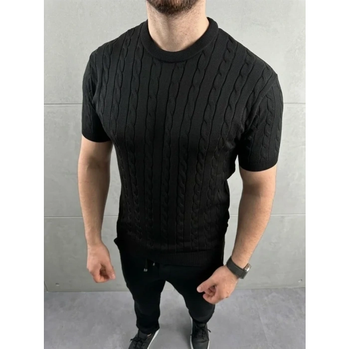 Erkek Yazlık Triko Dokuma Tişört Kısa Kol Bisiklet Yaka Örgü Desenli T-Shirt - Siyah