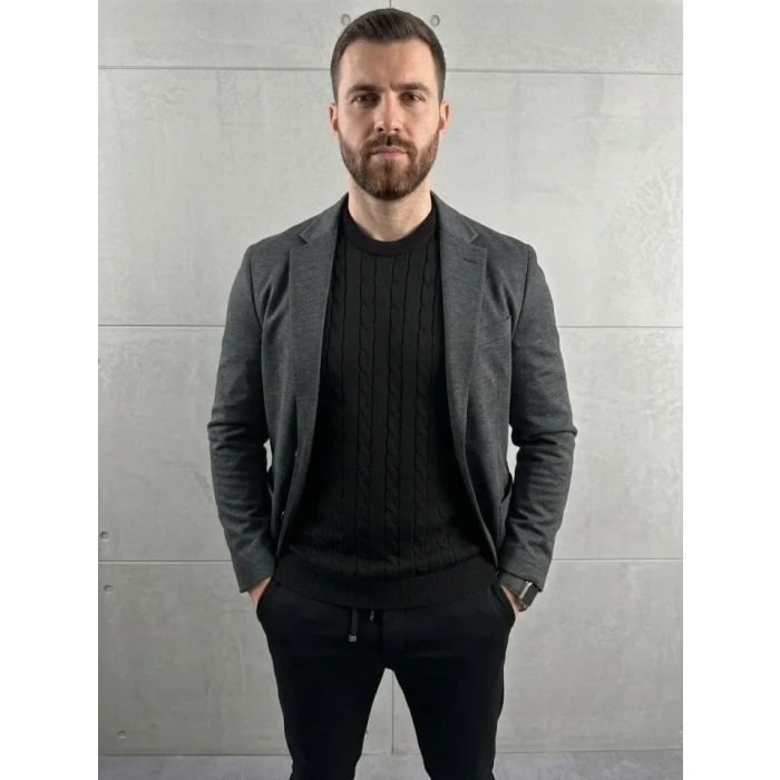 Erkek Yazlık Triko Dokuma Tişört Kısa Kol Bisiklet Yaka Örgü Desenli T-Shirt - Siyah