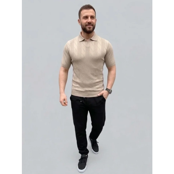 Erkek Yazlık Triko Dokuma Tişört Kısa Kol Polo Yaka T-Shirt - Bej