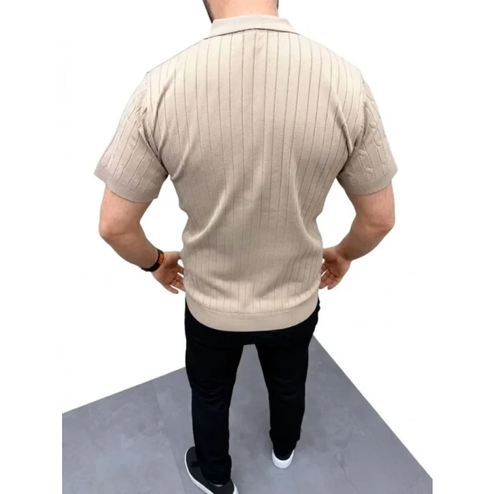 Erkek Yazlık Triko Saç Örgü Tişört Kısa Kol Polo Yaka Fermuarlı T-Shirt - Bej