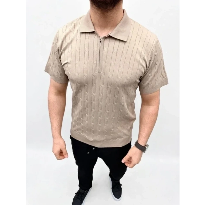 Erkek Yazlık Triko Saç Örgü Tişört Kısa Kol Polo Yaka Fermuarlı T-Shirt - Bej