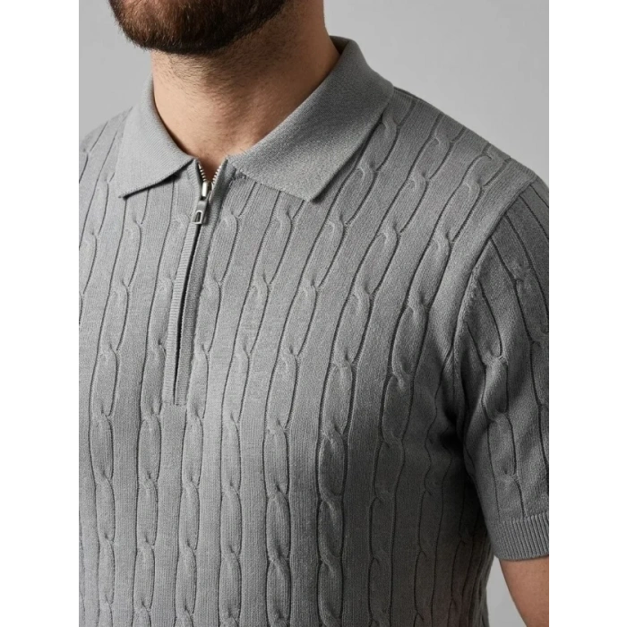 Erkek Yazlık Triko Saç Örgü Tişört Kısa Kol Polo Yaka Fermuarlı T-Shirt - Gri