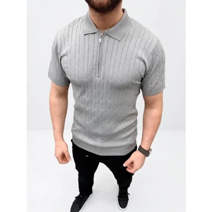 Erkek Yazlık Triko Saç Örgü Tişört Kısa Kol Polo Yaka Fermuarlı T-Shirt - Gri