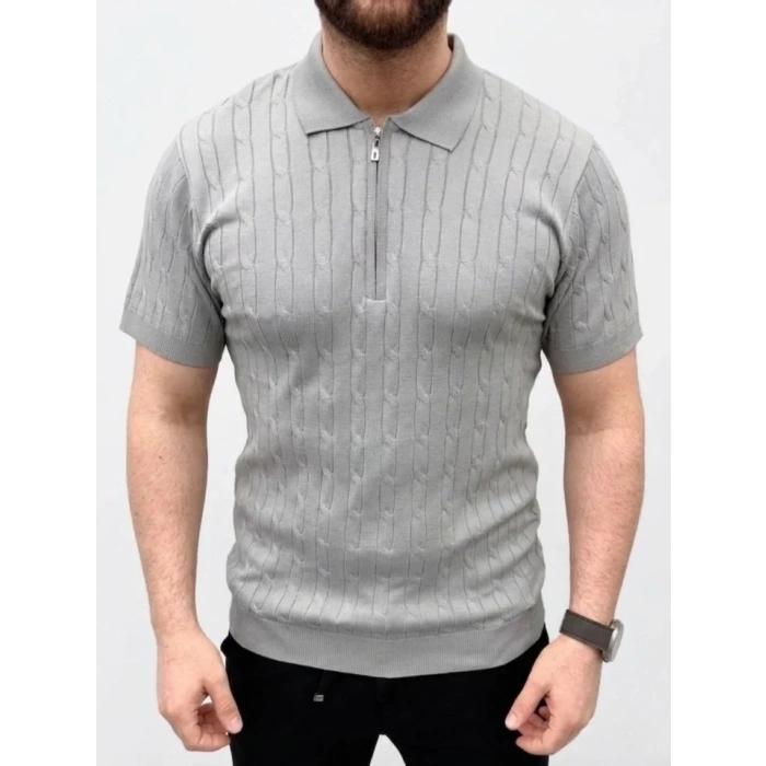 Erkek Yazlık Triko Saç Örgü Tişört Kısa Kol Polo Yaka Fermuarlı T-Shirt - Gri