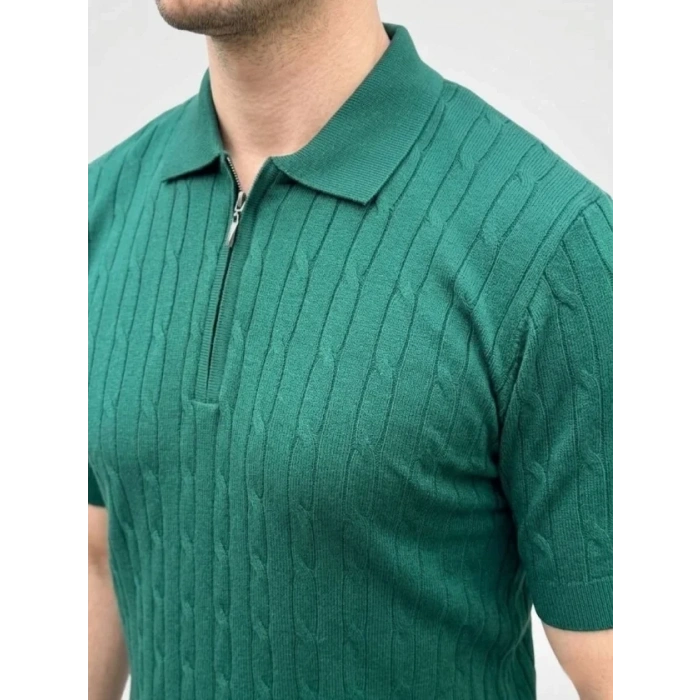 Erkek Yazlık Triko Saç Örgü Tişört Kısa Kol Polo Yaka Fermuarlı T-Shirt - Haki