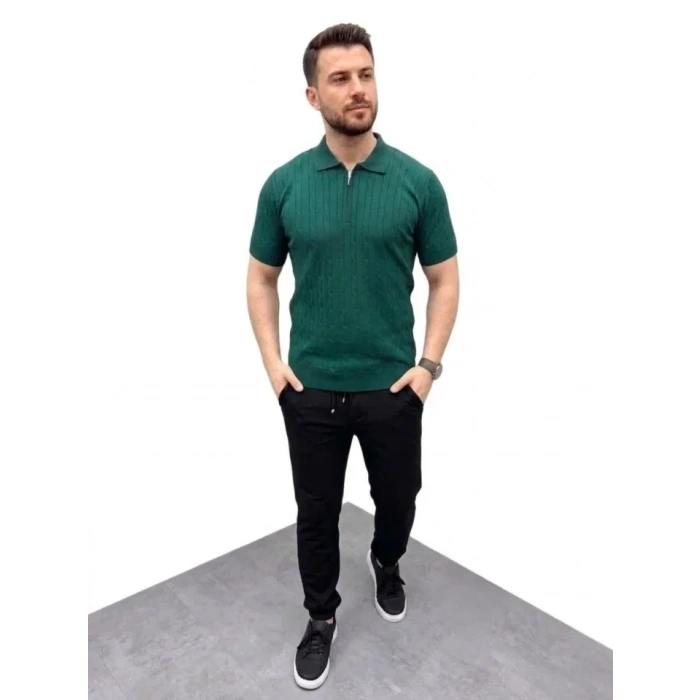 Erkek Yazlık Triko Saç Örgü Tişört Kısa Kol Polo Yaka Fermuarlı T-Shirt - Haki