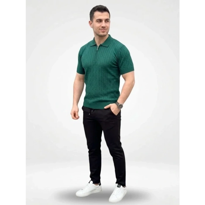 Erkek Yazlık Triko Saç Örgü Tişört Kısa Kol Polo Yaka Fermuarlı T-Shirt - Haki