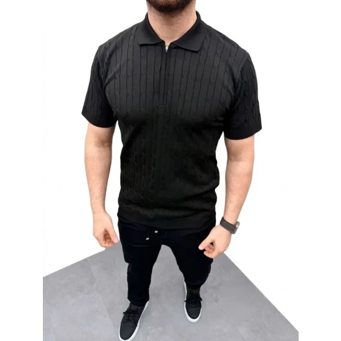 Erkek Yazlık Triko Saç Örgü Tişört Kısa Kol Polo Yaka Fermuarlı T-Shirt - Siyah